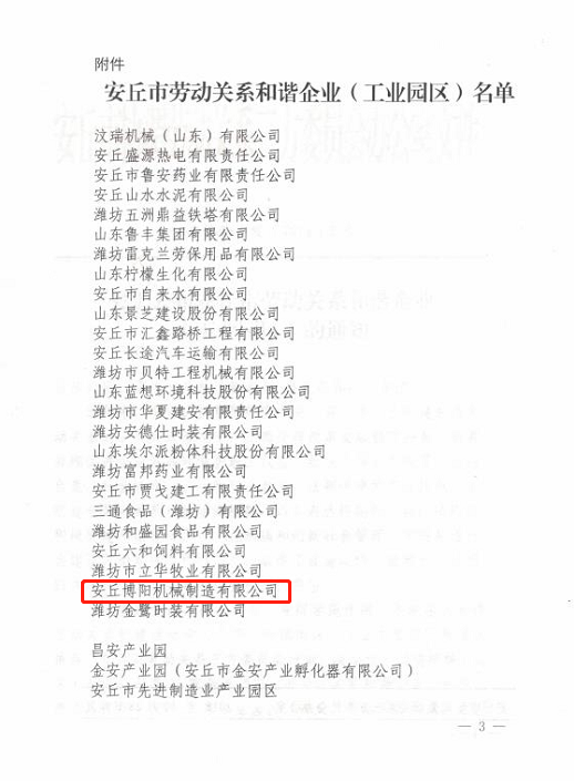 祝贺必博机械被评为“安丘市劳动关系和谐企业”